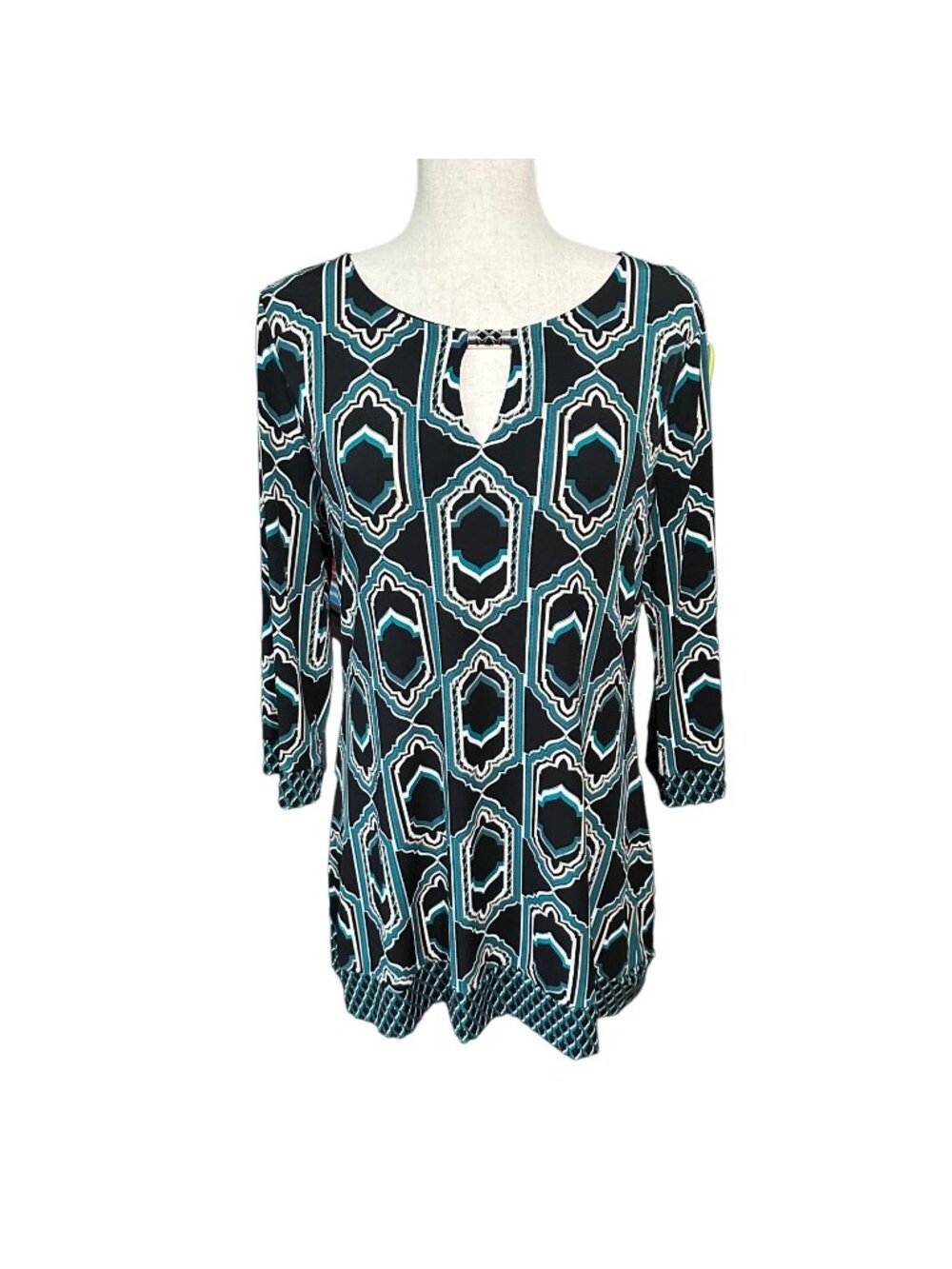White House Black Market WHBM Shirt Women M Black & Aqua Tunic Keyhole Neck